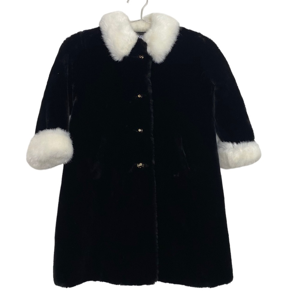 St. John Coat Collection Girl's Faux‎ Fur Fuzzy Black White Coat w/ Matching Hat